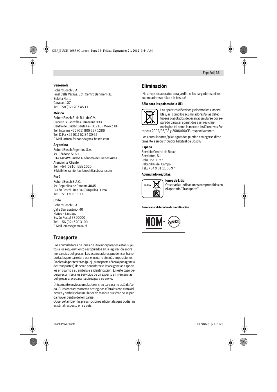 Transporte, Eliminación, Español | 35 | Bosch AHS 45-15 LI User Manual | Page 35 / 236