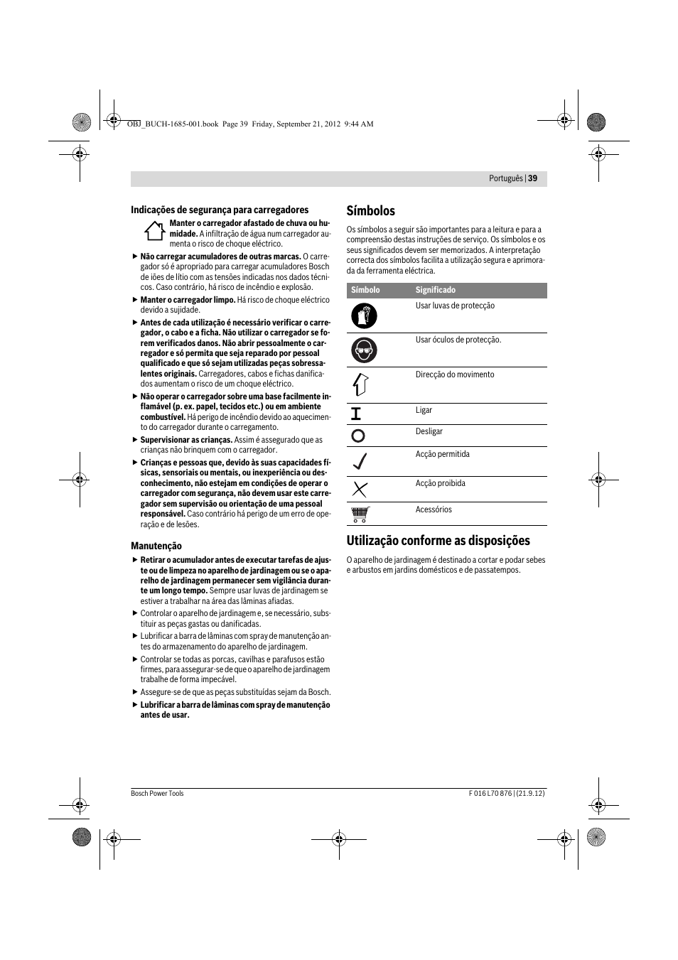 Símbolos, Utilização conforme as disposições | Bosch AHS 45-15 LI User Manual | Page 39 / 236