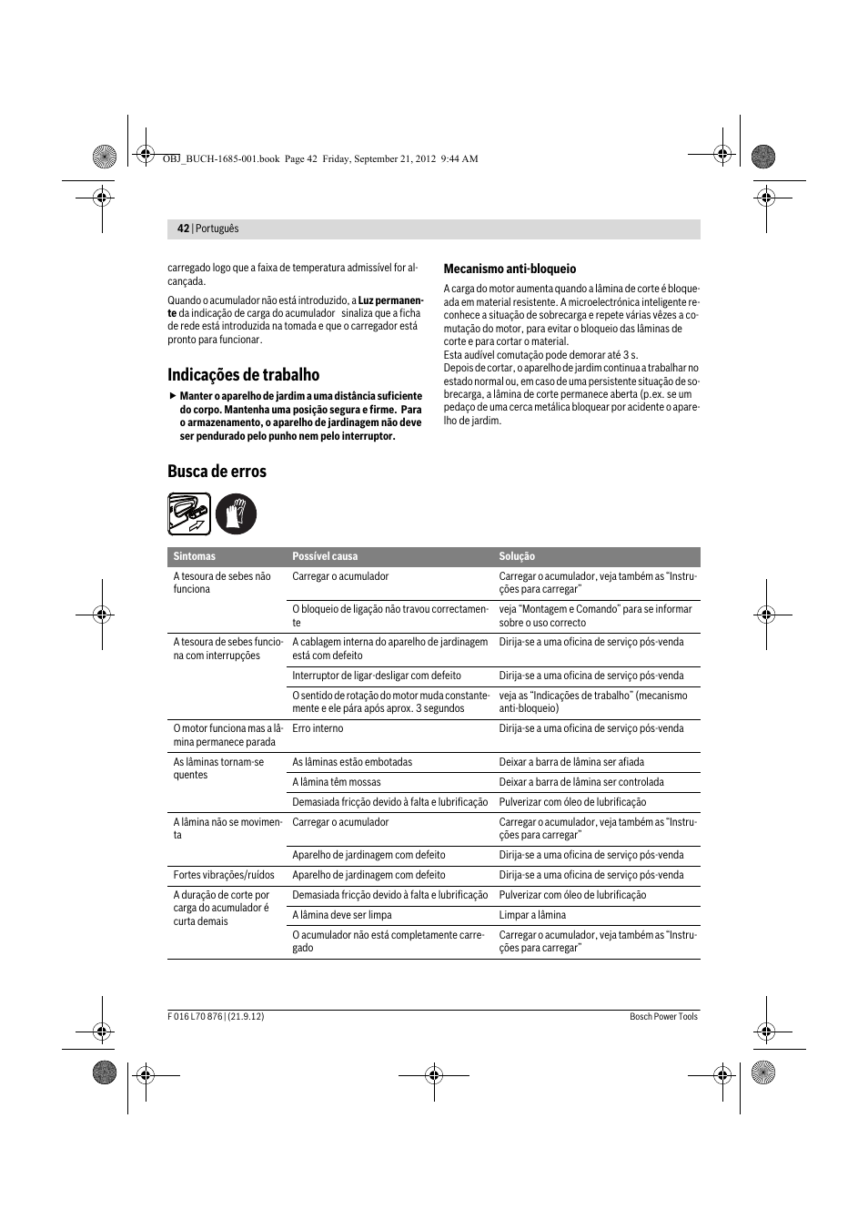 Indicações de trabalho, Busca de erros | Bosch AHS 45-15 LI User Manual | Page 42 / 236