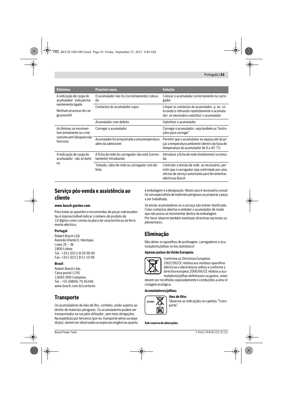 Serviço pós-venda e assistência ao cliente, Transporte, Eliminação | Bosch AHS 45-15 LI User Manual | Page 43 / 236