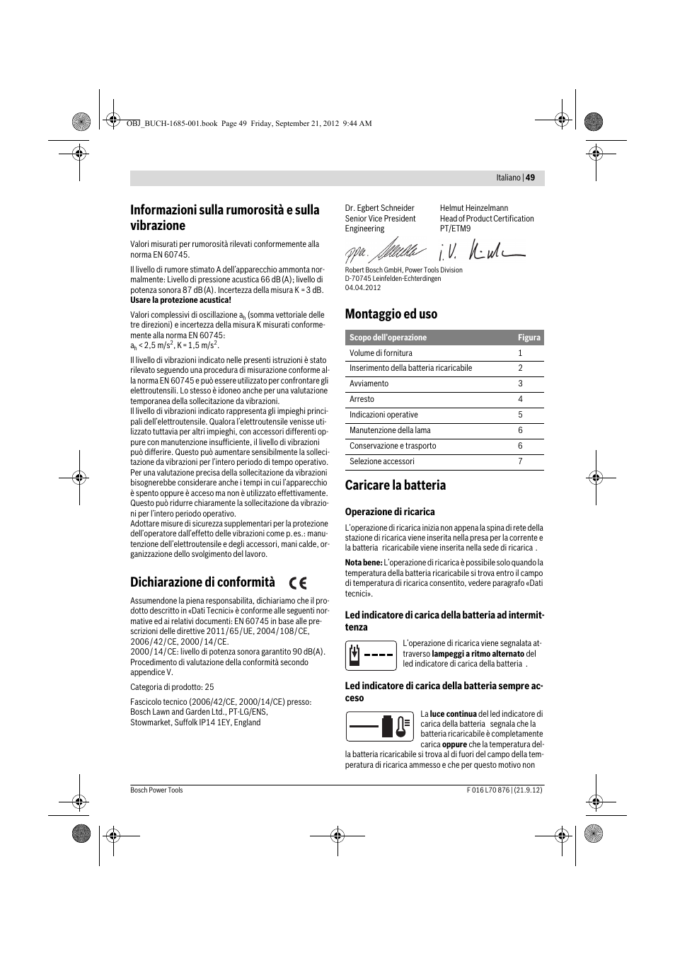 Informazioni sulla rumorosità e sulla vibrazione, Dichiarazione di conformità, Montaggio ed uso caricare la batteria | Bosch AHS 45-15 LI User Manual | Page 49 / 236