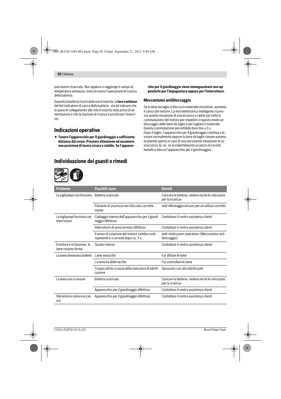 Indicazioni operative, Individuazione dei guasti e rimedi | Bosch AHS 45-15 LI User Manual | Page 50 / 236