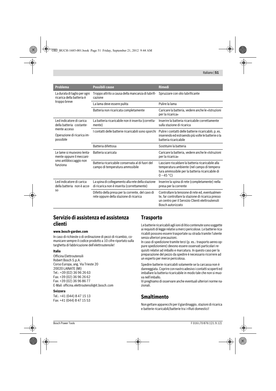 Servizio di assistenza ed assistenza clienti, Trasporto, Smaltimento | Bosch AHS 45-15 LI User Manual | Page 51 / 236