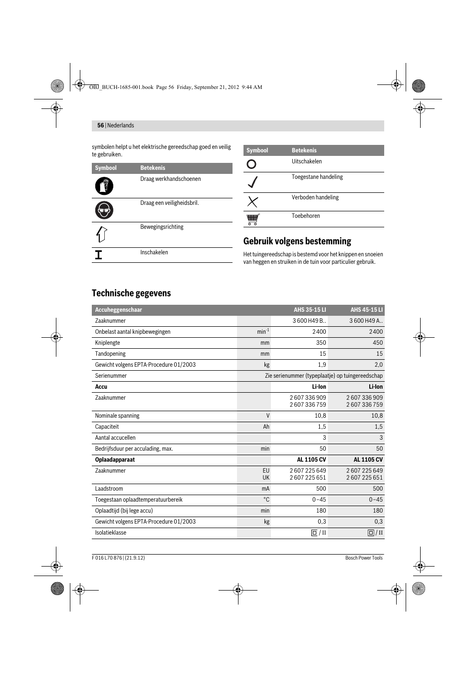 Gebruik volgens bestemming, Technische gegevens | Bosch AHS 45-15 LI User Manual | Page 56 / 236