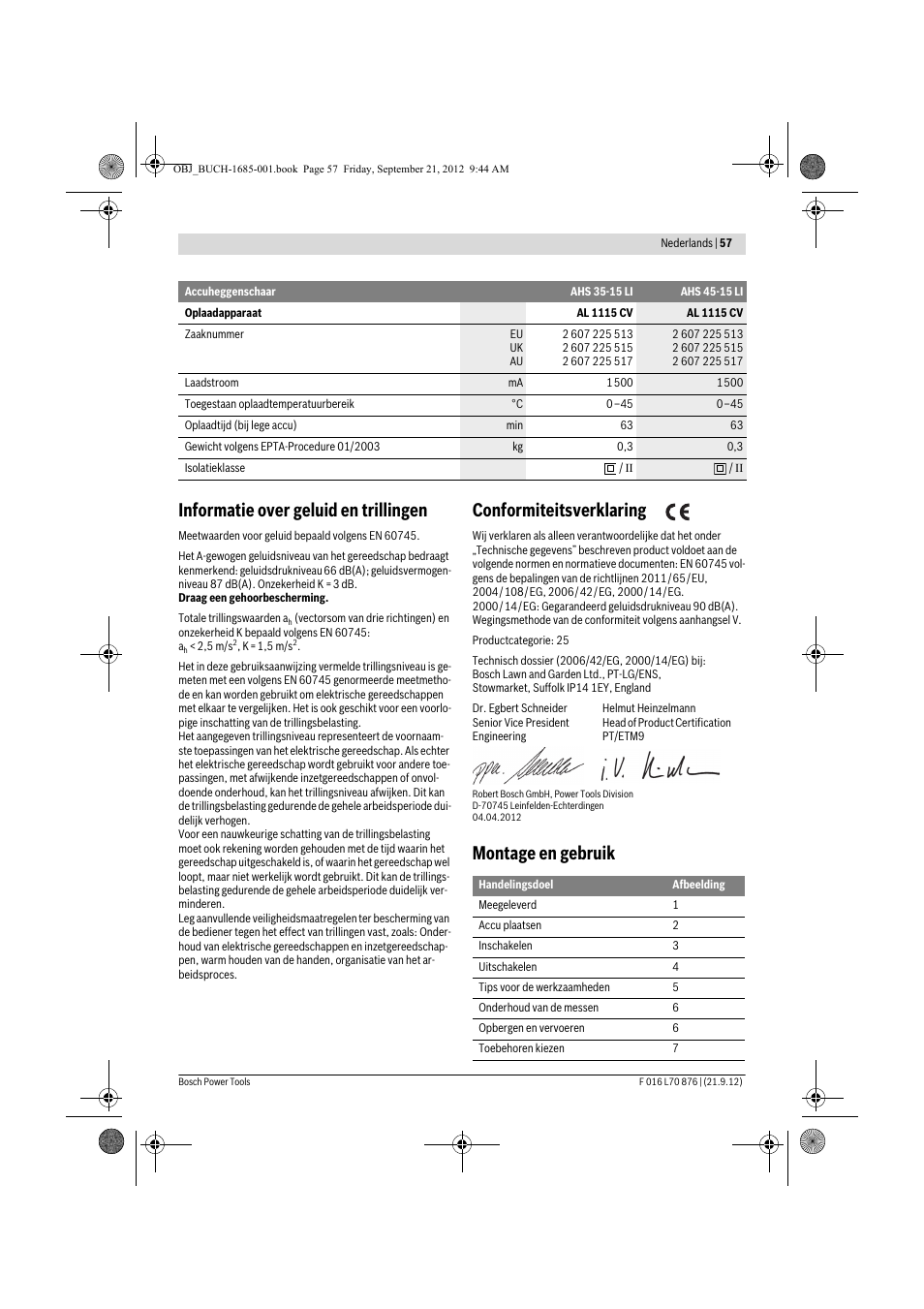 Informatie over geluid en trillingen, Conformiteitsverklaring, Montage en gebruik | Bosch AHS 45-15 LI User Manual | Page 57 / 236