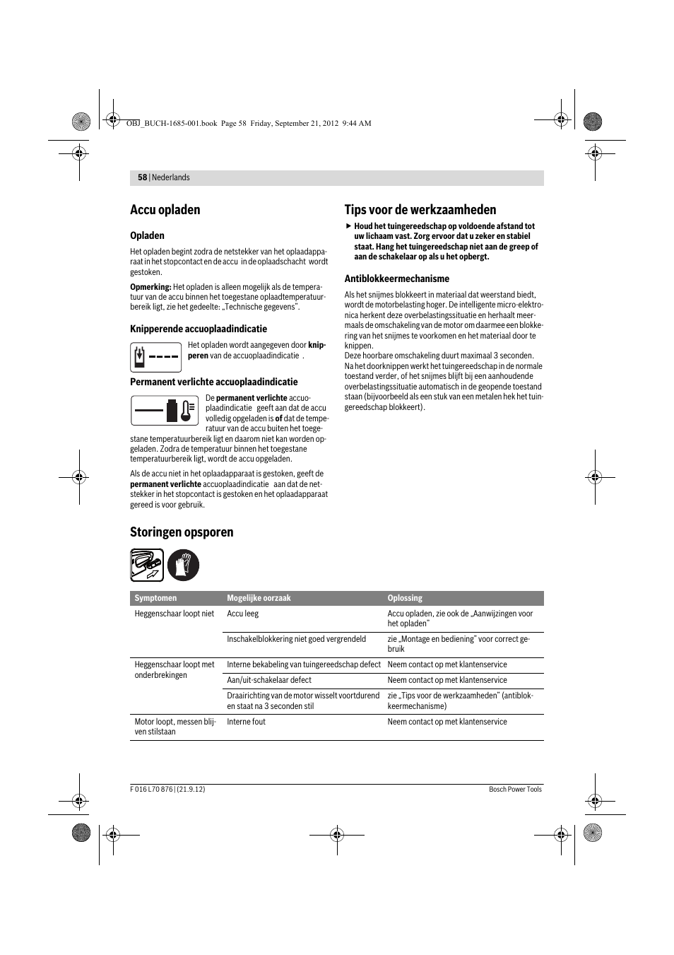 Accu opladen, Tips voor de werkzaamheden, Storingen opsporen | Bosch AHS 45-15 LI User Manual | Page 58 / 236