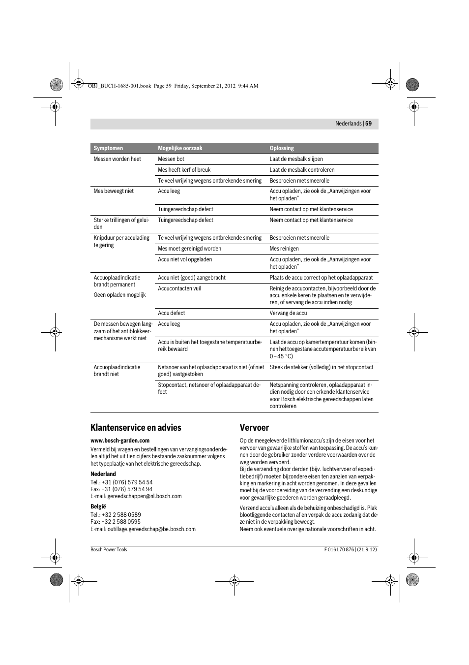 Klantenservice en advies, Vervoer | Bosch AHS 45-15 LI User Manual | Page 59 / 236