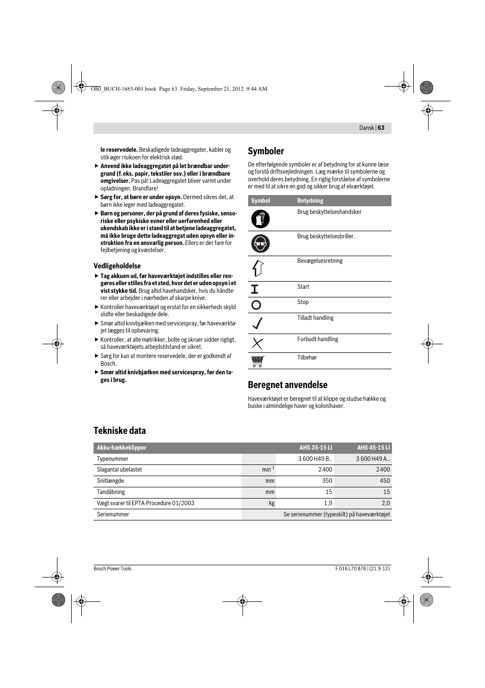 Symboler, Beregnet anvendelse, Tekniske data | Bosch AHS 45-15 LI User Manual | Page 63 / 236