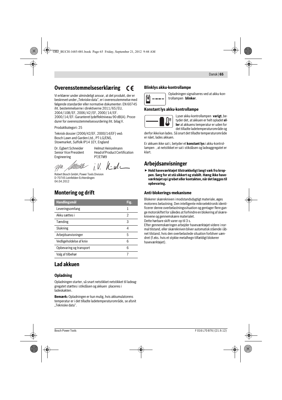 Overensstemmelseserklæring, Montering og drift lad akkuen, Arbejdsanvisninger | Bosch AHS 45-15 LI User Manual | Page 65 / 236