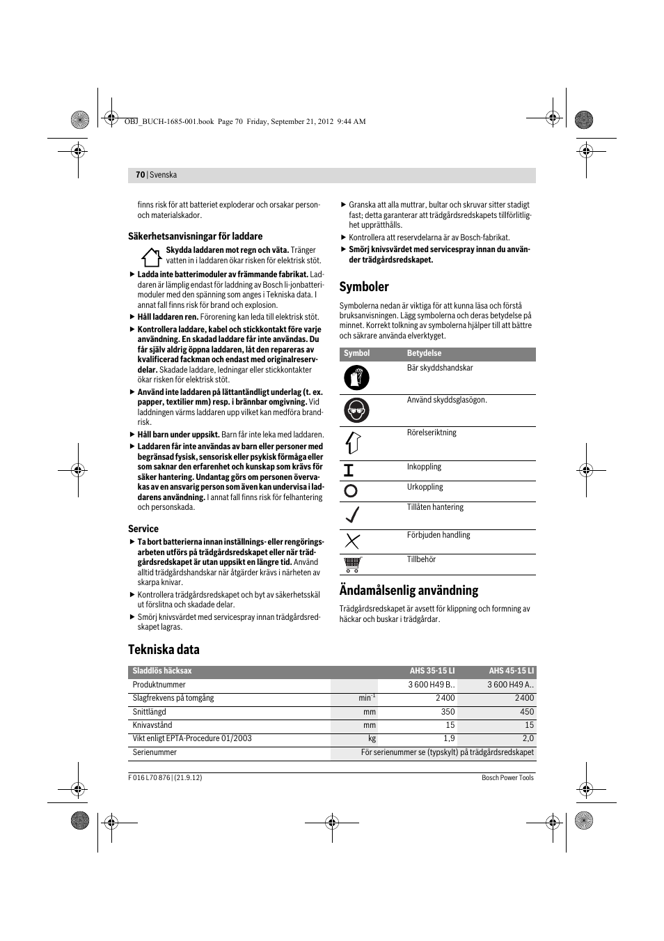 Symboler, Ändamålsenlig användning, Tekniska data | Bosch AHS 45-15 LI User Manual | Page 70 / 236