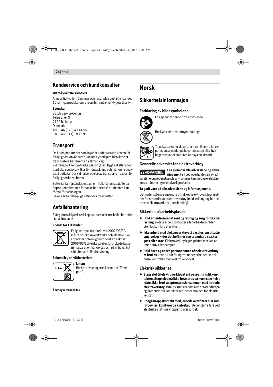 Norsk, Kundservice och kundkonsulter, Transport | Avfallshantering, Sikkerhetsinformasjon | Bosch AHS 45-15 LI User Manual | Page 74 / 236