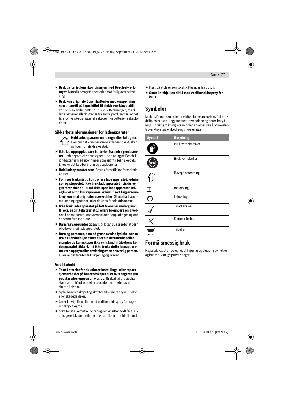 Symboler, Formålsmessig bruk | Bosch AHS 45-15 LI User Manual | Page 77 / 236