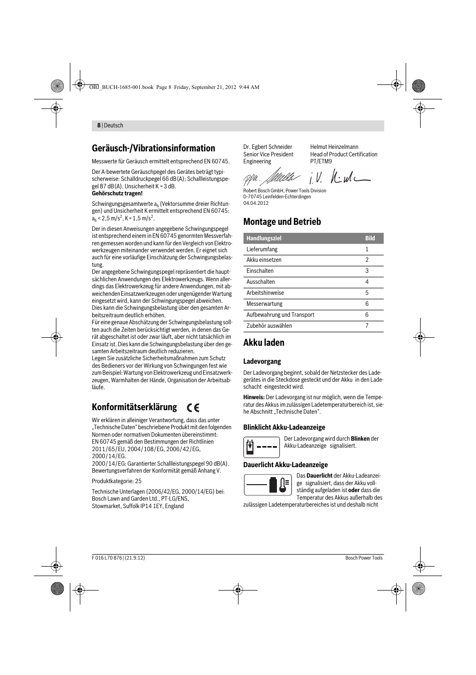 Geräusch-/vibrationsinformation, Konformitätserklärung, Montage und betrieb akku laden | Bosch AHS 45-15 LI User Manual | Page 8 / 236