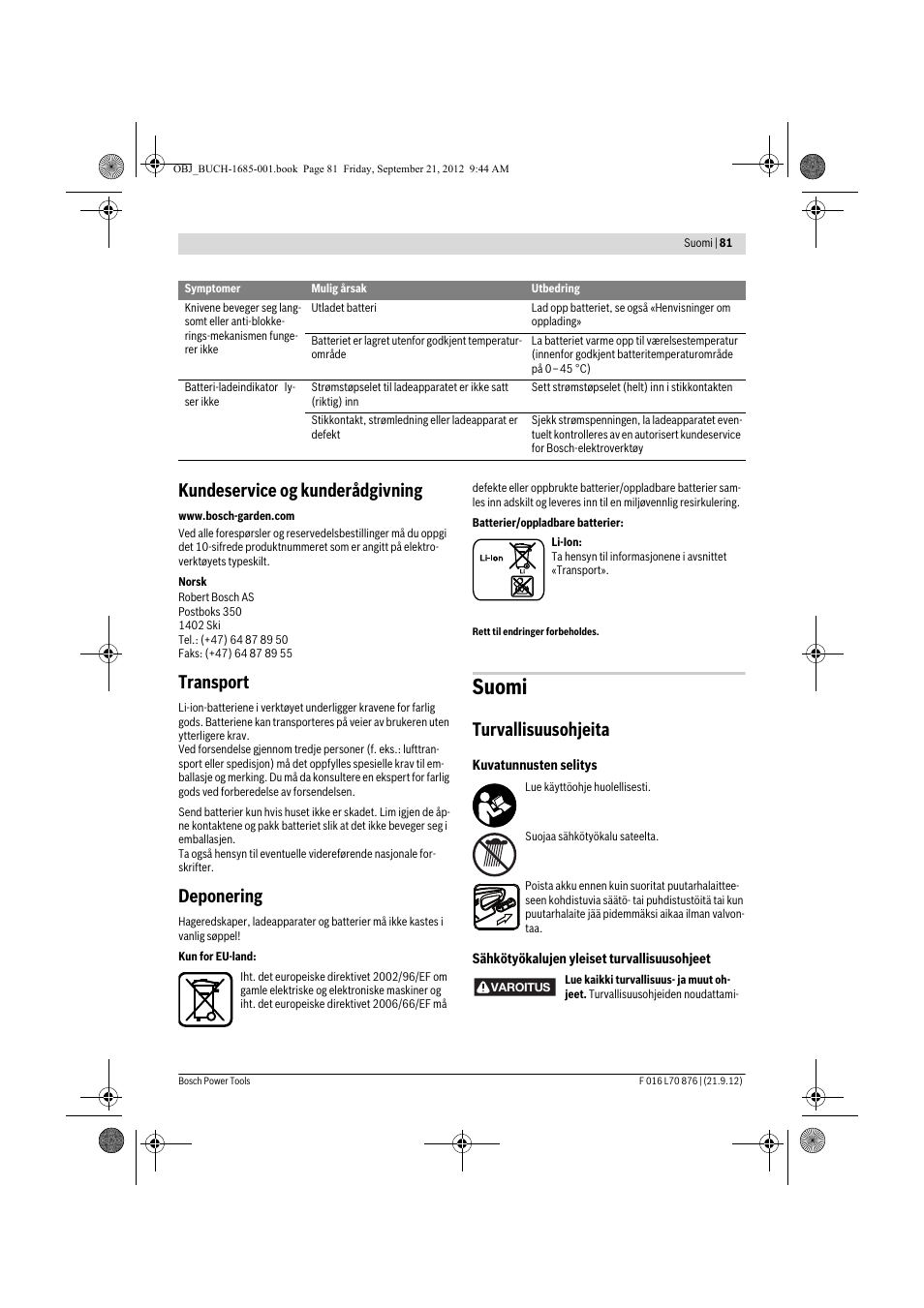 Suomi, Kundeservice og kunderådgivning, Transport | Deponering, Turvallisuusohjeita | Bosch AHS 45-15 LI User Manual | Page 81 / 236