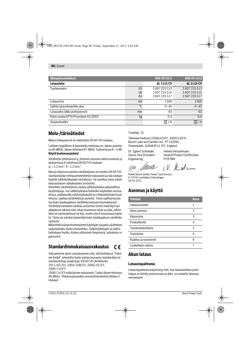 Melu-/tärinätiedot, Standardinmukaisuusvakuutus, Asennus ja käyttö akun lataus | Bosch AHS 45-15 LI User Manual | Page 86 / 236