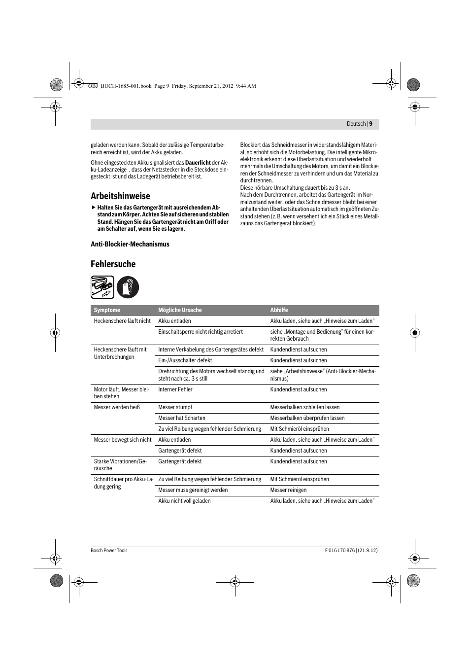 Arbeitshinweise, Fehlersuche | Bosch AHS 45-15 LI User Manual | Page 9 / 236