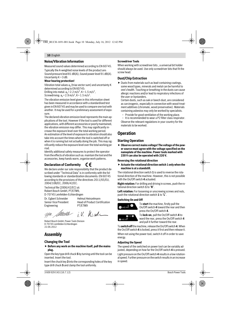 Assembly, Operation | Bosch GWB 10 RE Professional User Manual | Page 10 / 116