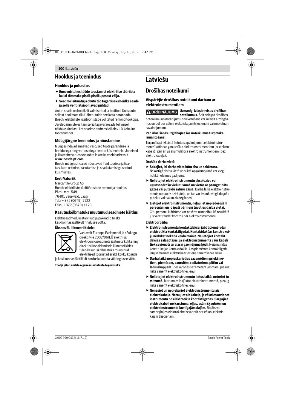 Latviešu, Hooldus ja teenindus | Bosch GWB 10 RE Professional User Manual | Page 100 / 116