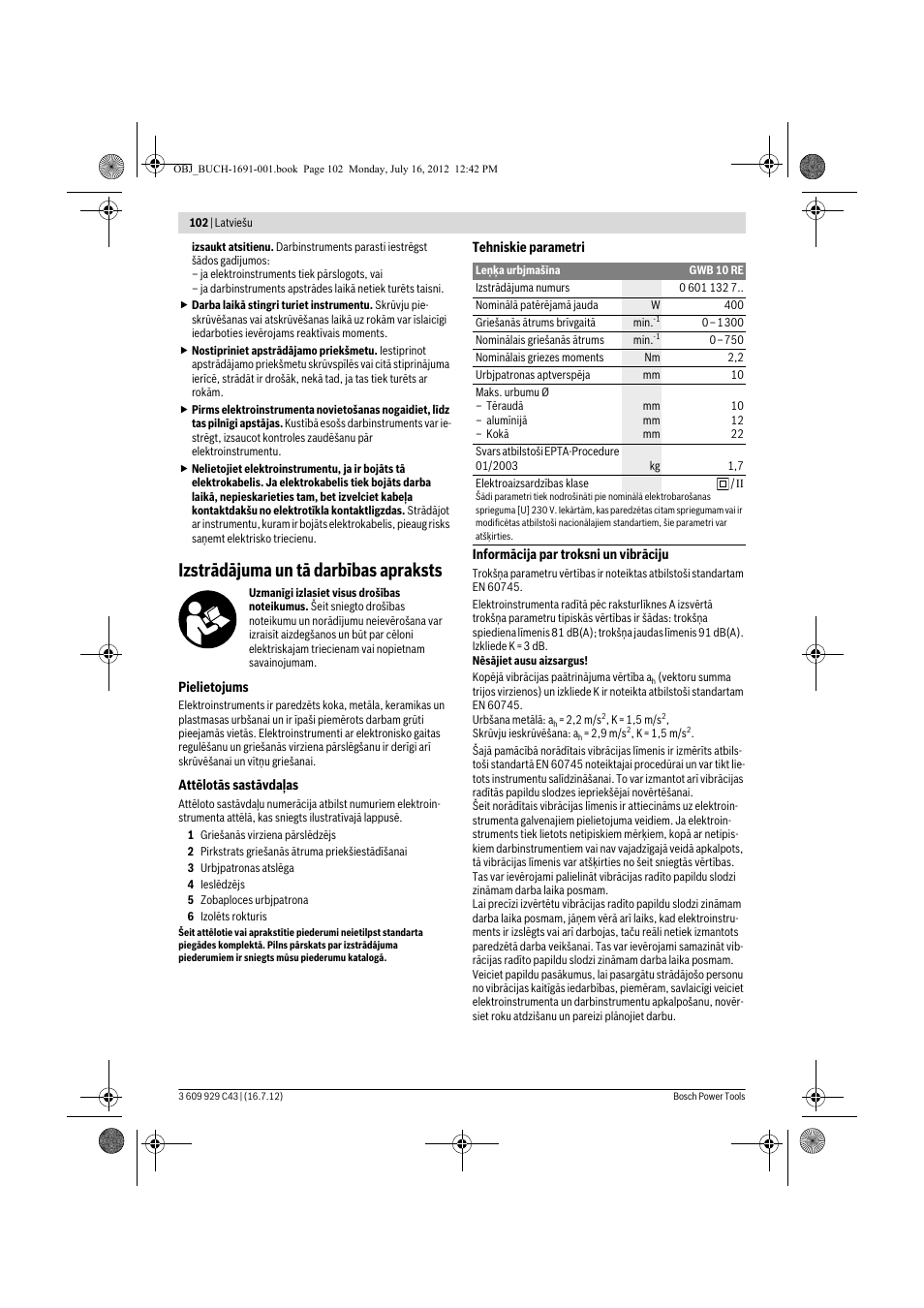 Izstrādājuma un tā darbības apraksts | Bosch GWB 10 RE Professional User Manual | Page 102 / 116