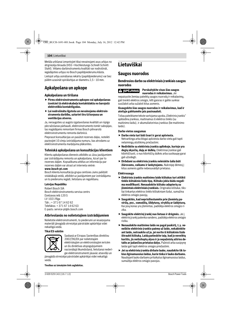 Lietuviškai, Apkalpošana un apkope, Saugos nuorodos | Bosch GWB 10 RE Professional User Manual | Page 104 / 116