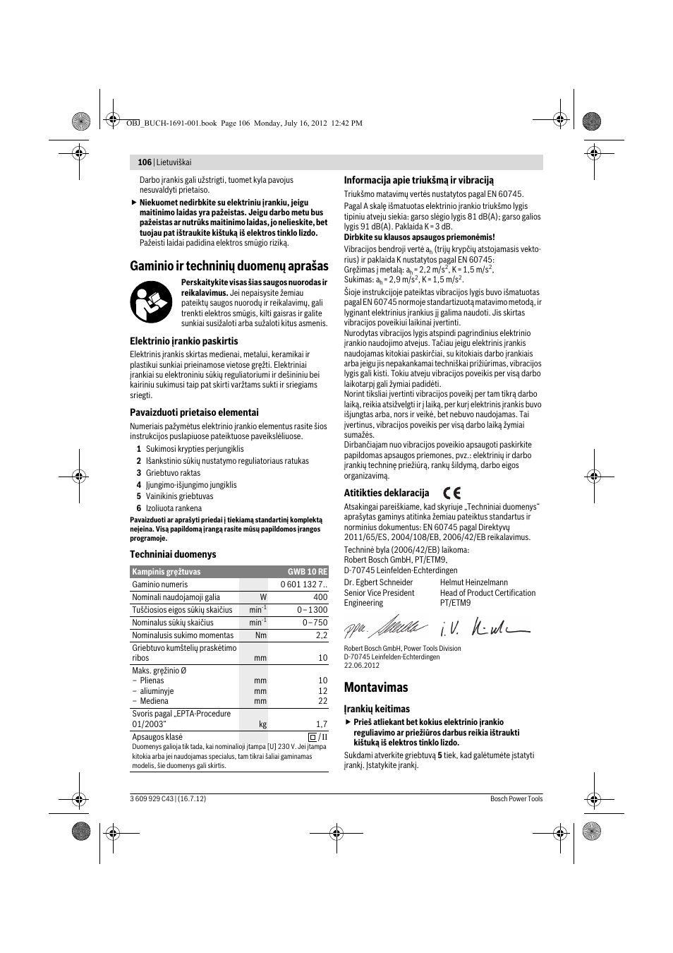 Gaminio ir techninių duomenų aprašas, Montavimas | Bosch GWB 10 RE Professional User Manual | Page 106 / 116