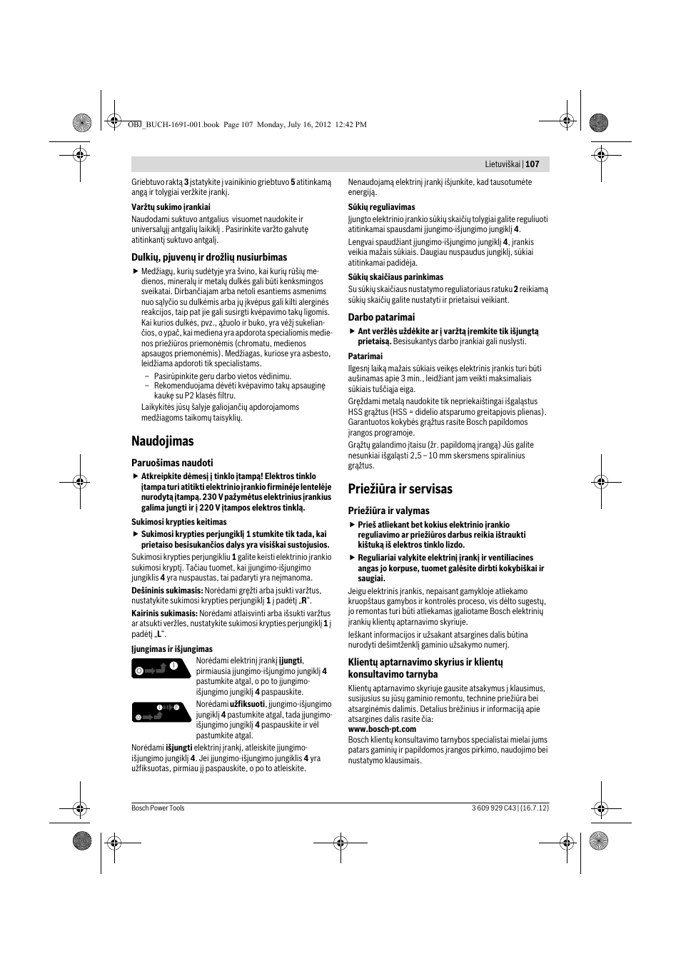 Naudojimas, Priežiūra ir servisas | Bosch GWB 10 RE Professional User Manual | Page 107 / 116