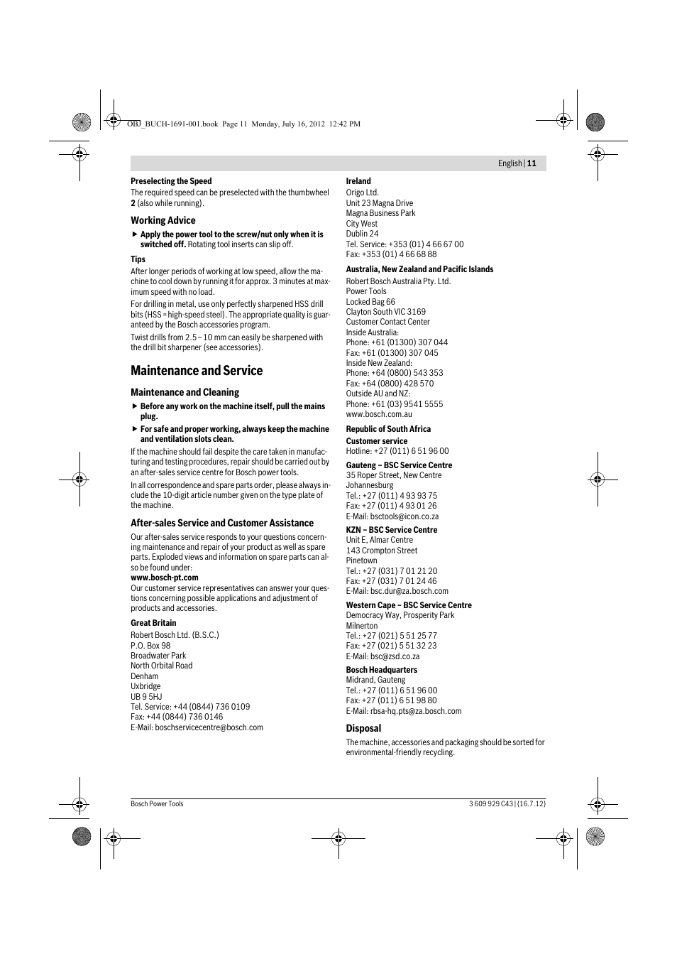 Maintenance and service | Bosch GWB 10 RE Professional User Manual | Page 11 / 116
