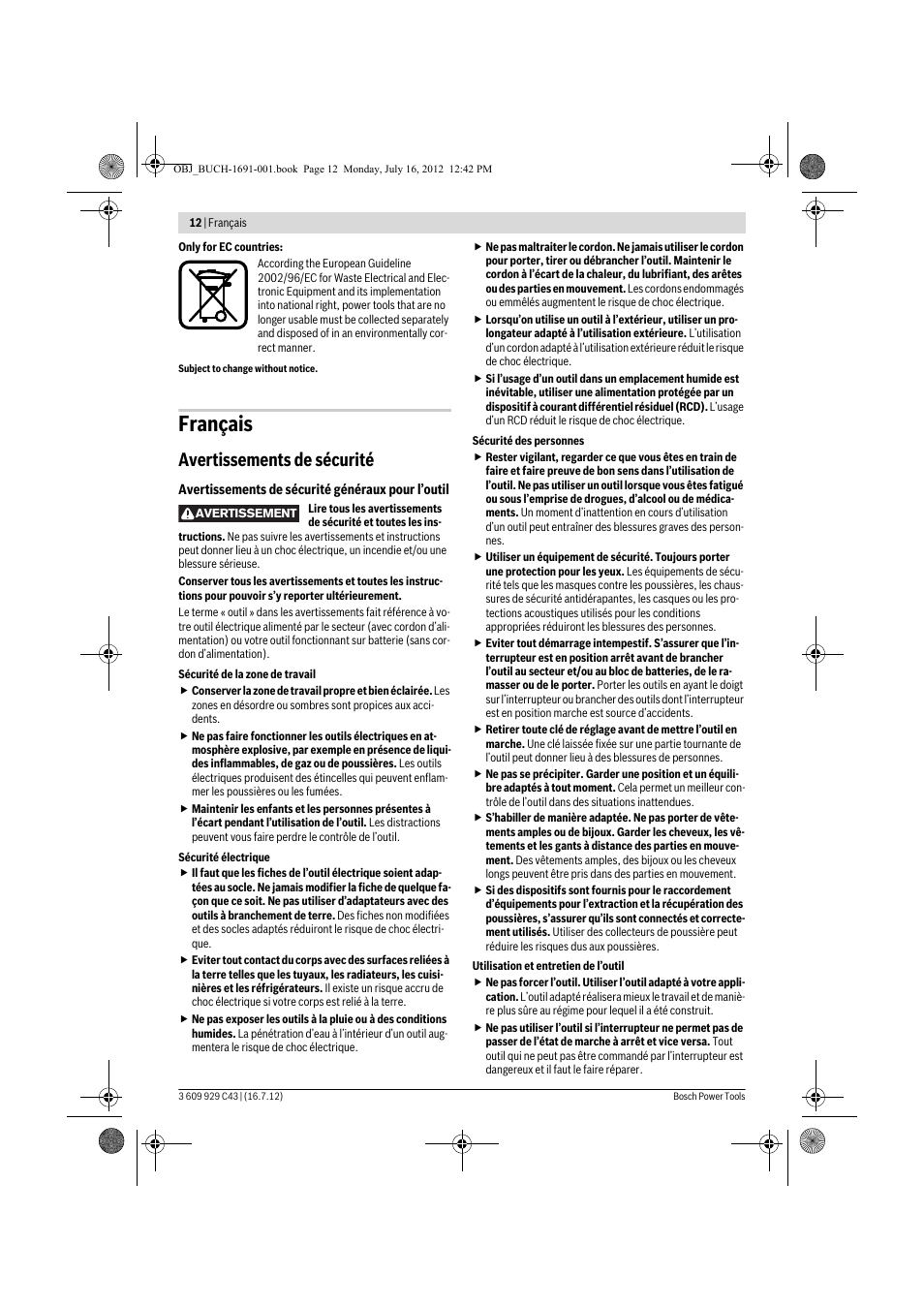 Français, Avertissements de sécurité | Bosch GWB 10 RE Professional User Manual | Page 12 / 116