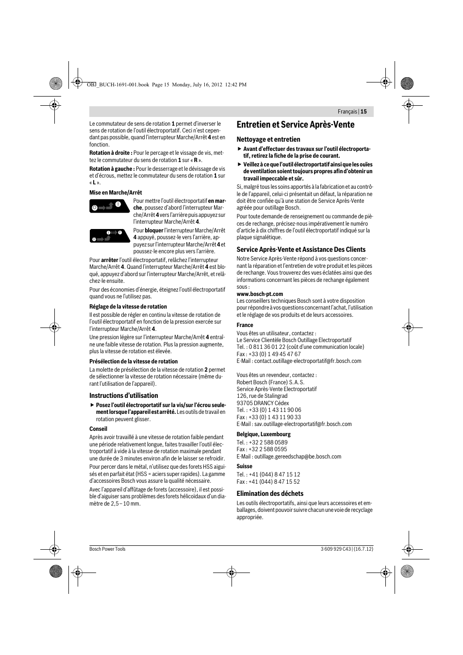 Entretien et service après-vente | Bosch GWB 10 RE Professional User Manual | Page 15 / 116