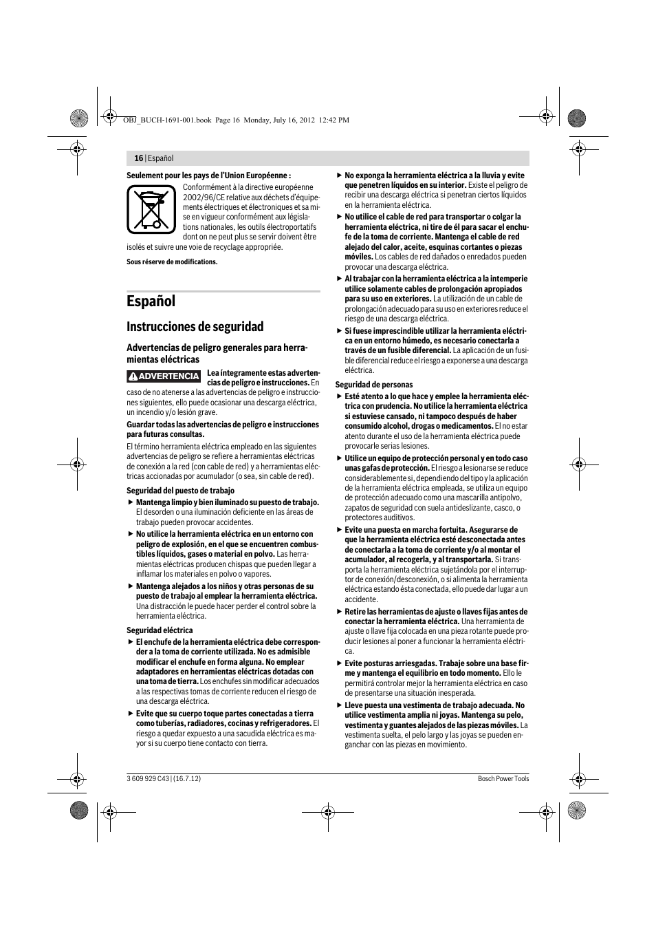 Español, Instrucciones de seguridad | Bosch GWB 10 RE Professional User Manual | Page 16 / 116