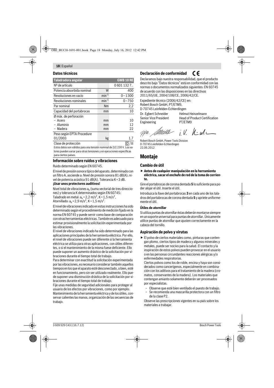 Montaje | Bosch GWB 10 RE Professional User Manual | Page 18 / 116