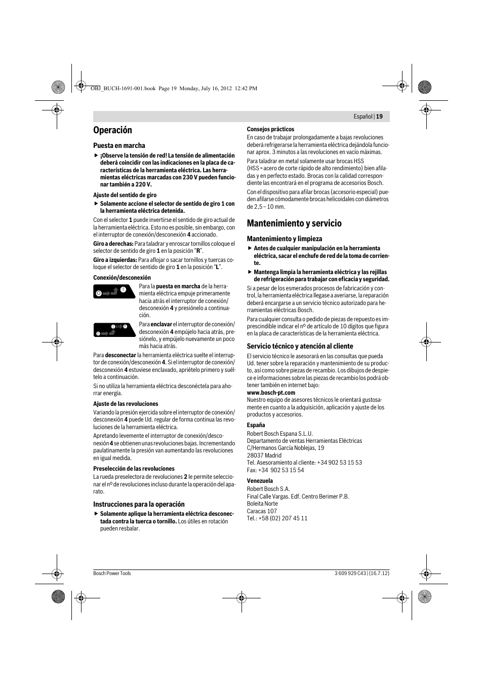 Operación, Mantenimiento y servicio | Bosch GWB 10 RE Professional User Manual | Page 19 / 116