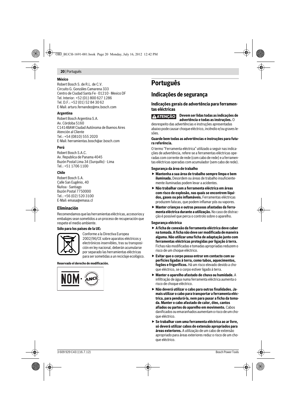 Português, Indicações de segurança | Bosch GWB 10 RE Professional User Manual | Page 20 / 116