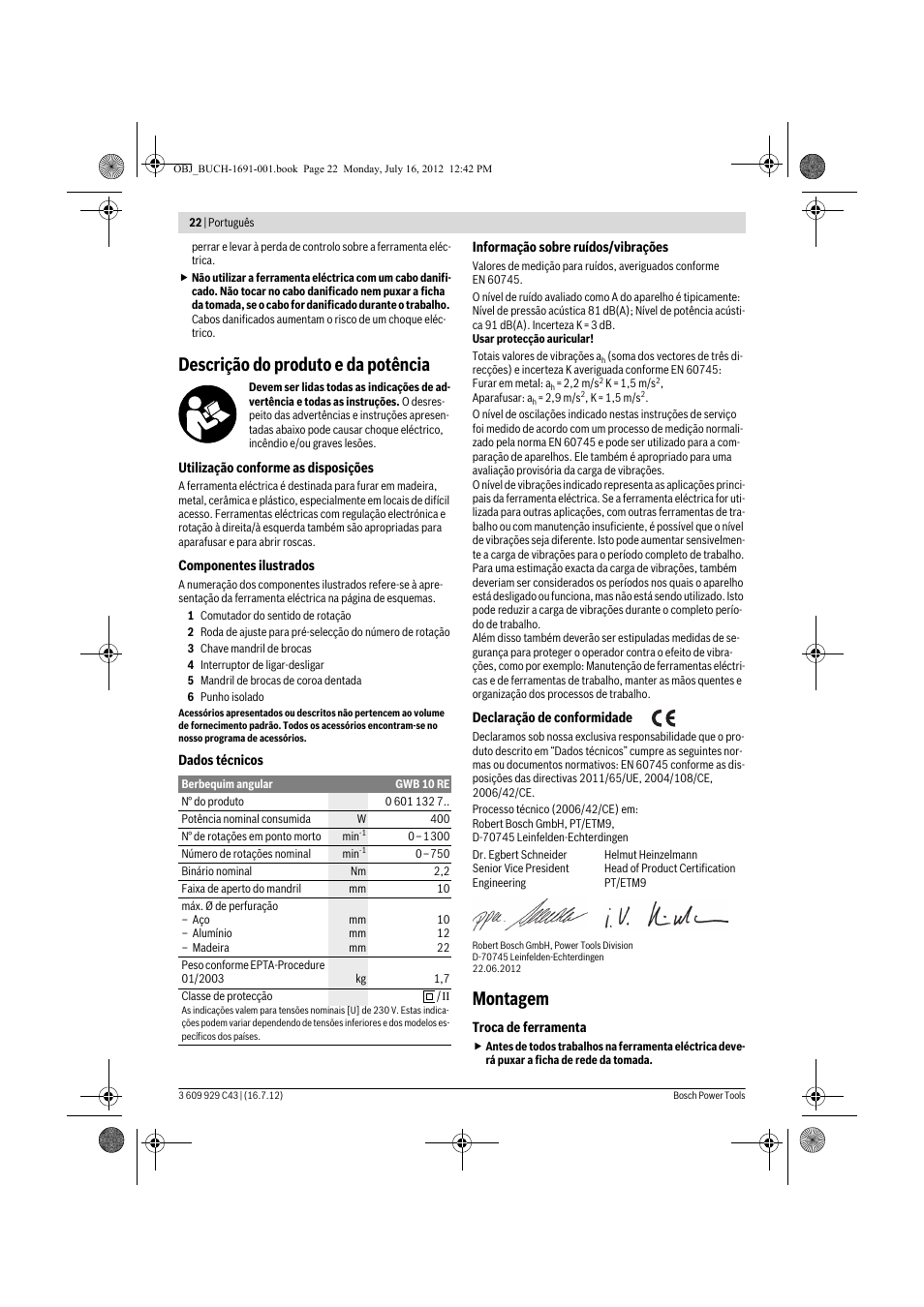 Descrição do produto e da potência, Montagem | Bosch GWB 10 RE Professional User Manual | Page 22 / 116