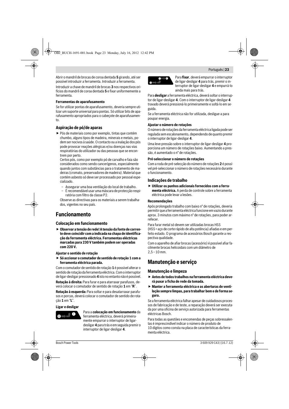 Funcionamento, Manutenção e serviço | Bosch GWB 10 RE Professional User Manual | Page 23 / 116