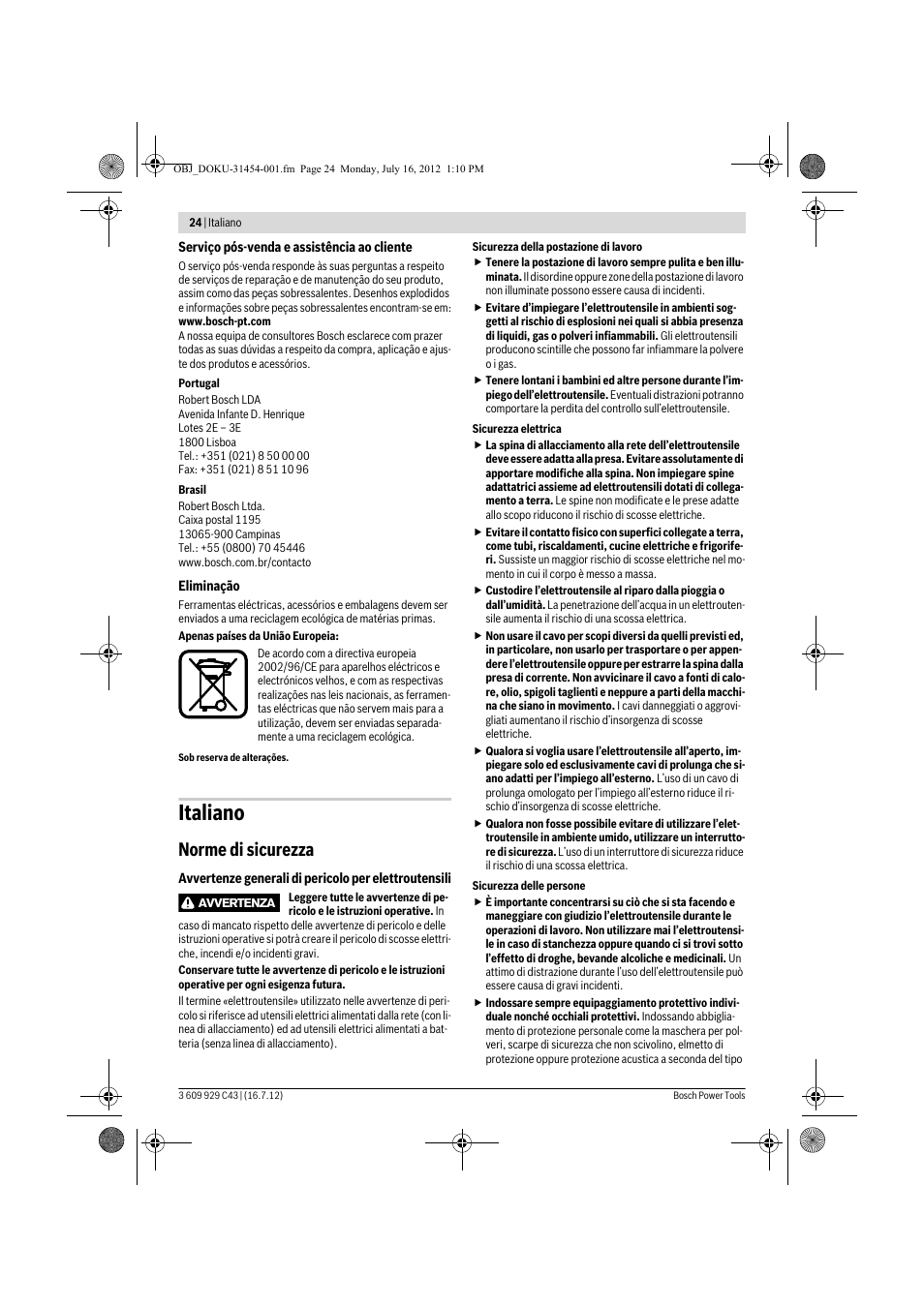 Italiano, Norme di sicurezza | Bosch GWB 10 RE Professional User Manual | Page 24 / 116