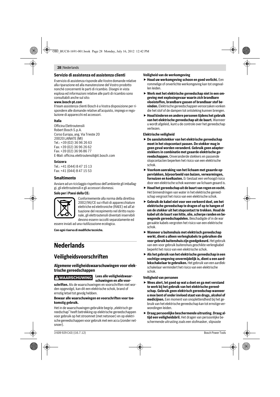 Nederlands, Veiligheidsvoorschriften | Bosch GWB 10 RE Professional User Manual | Page 28 / 116