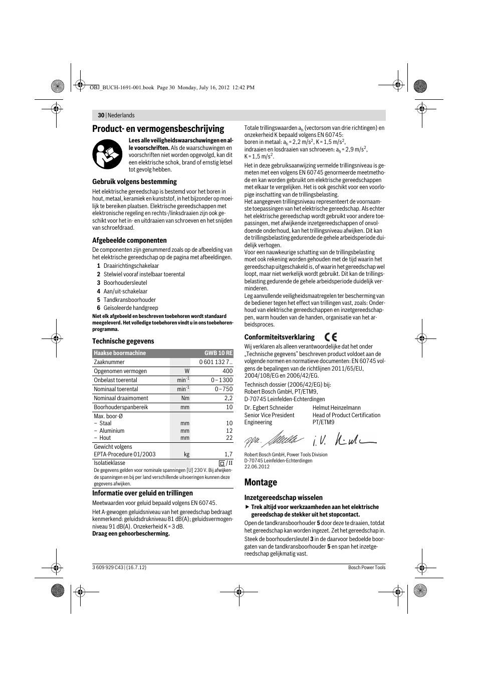 Product- en vermogensbeschrijving, Montage | Bosch GWB 10 RE Professional User Manual | Page 30 / 116