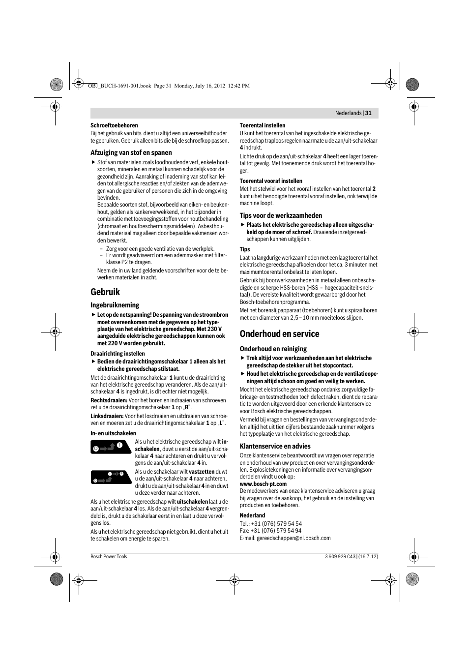 Gebruik, Onderhoud en service | Bosch GWB 10 RE Professional User Manual | Page 31 / 116