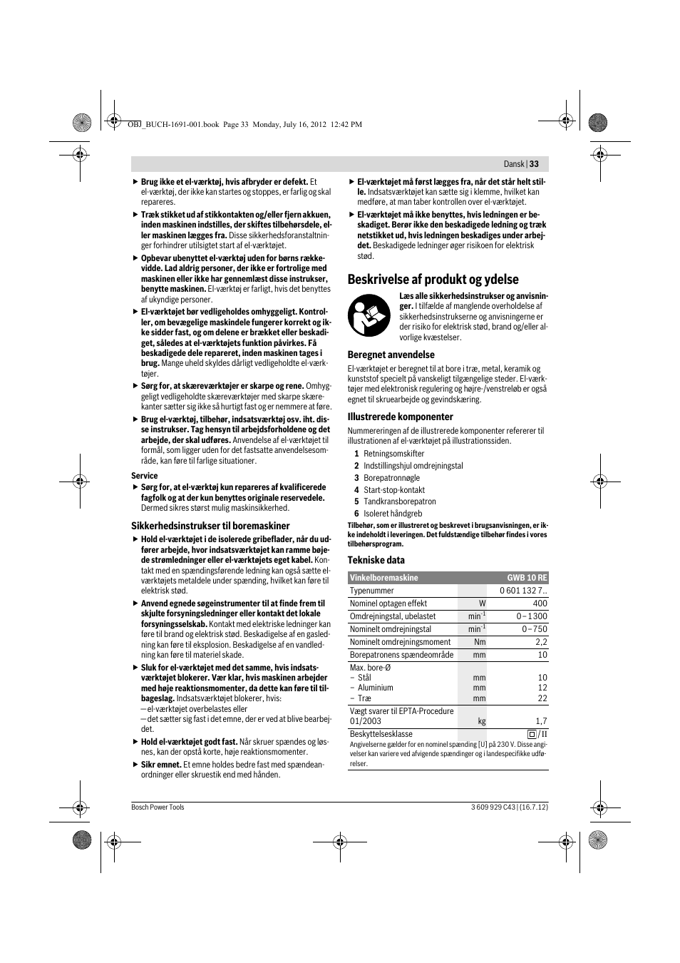 Beskrivelse af produkt og ydelse | Bosch GWB 10 RE Professional User Manual | Page 33 / 116