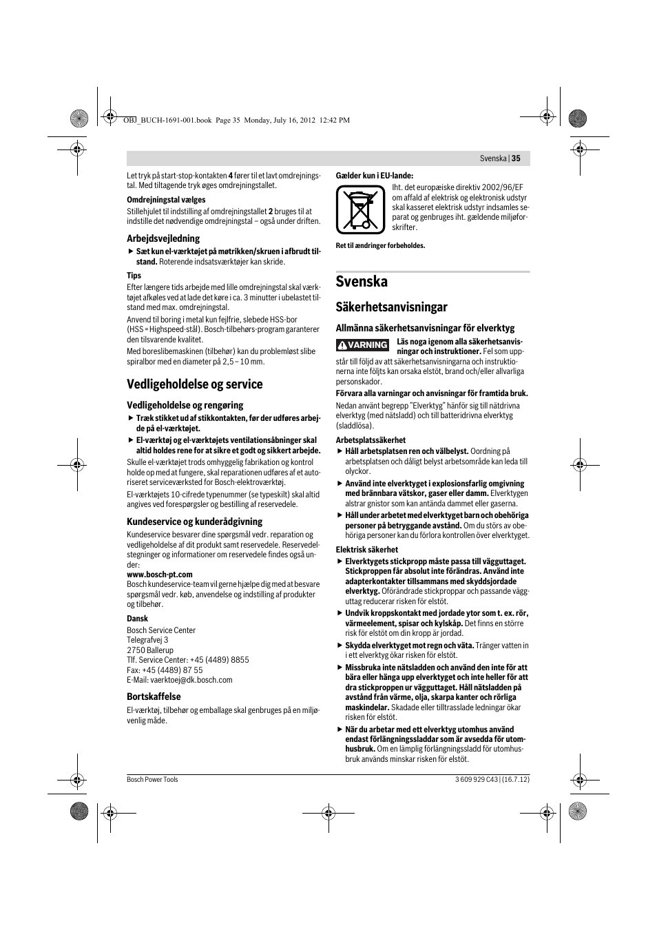 Svenska, Vedligeholdelse og service, Säkerhetsanvisningar | Bosch GWB 10 RE Professional User Manual | Page 35 / 116