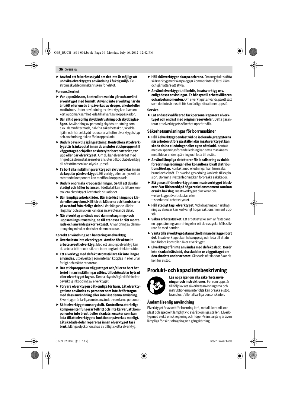 Produkt- och kapacitetsbeskrivning | Bosch GWB 10 RE Professional User Manual | Page 36 / 116