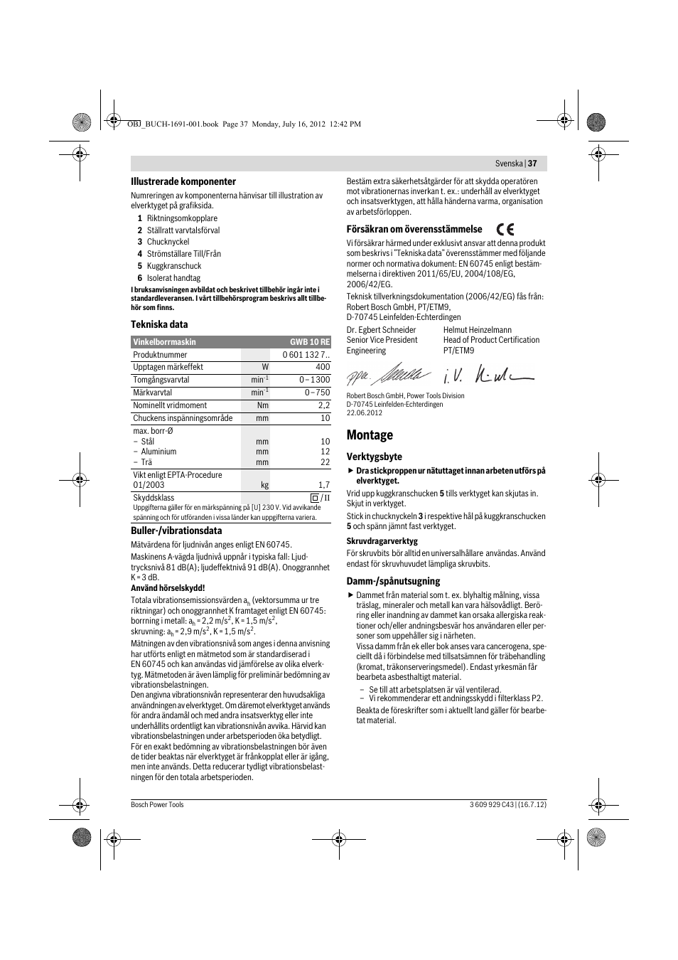 Montage | Bosch GWB 10 RE Professional User Manual | Page 37 / 116