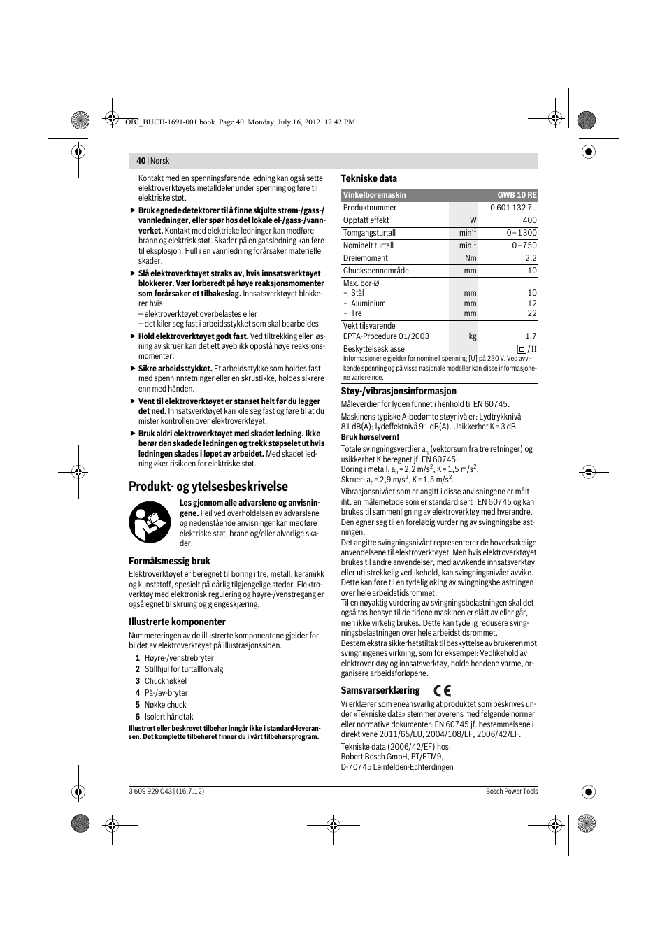 Produkt- og ytelsesbeskrivelse | Bosch GWB 10 RE Professional User Manual | Page 40 / 116