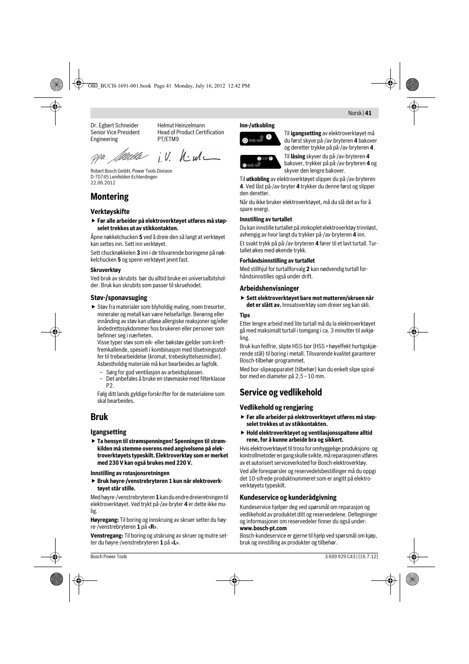 Montering, Bruk, Service og vedlikehold | Bosch GWB 10 RE Professional User Manual | Page 41 / 116