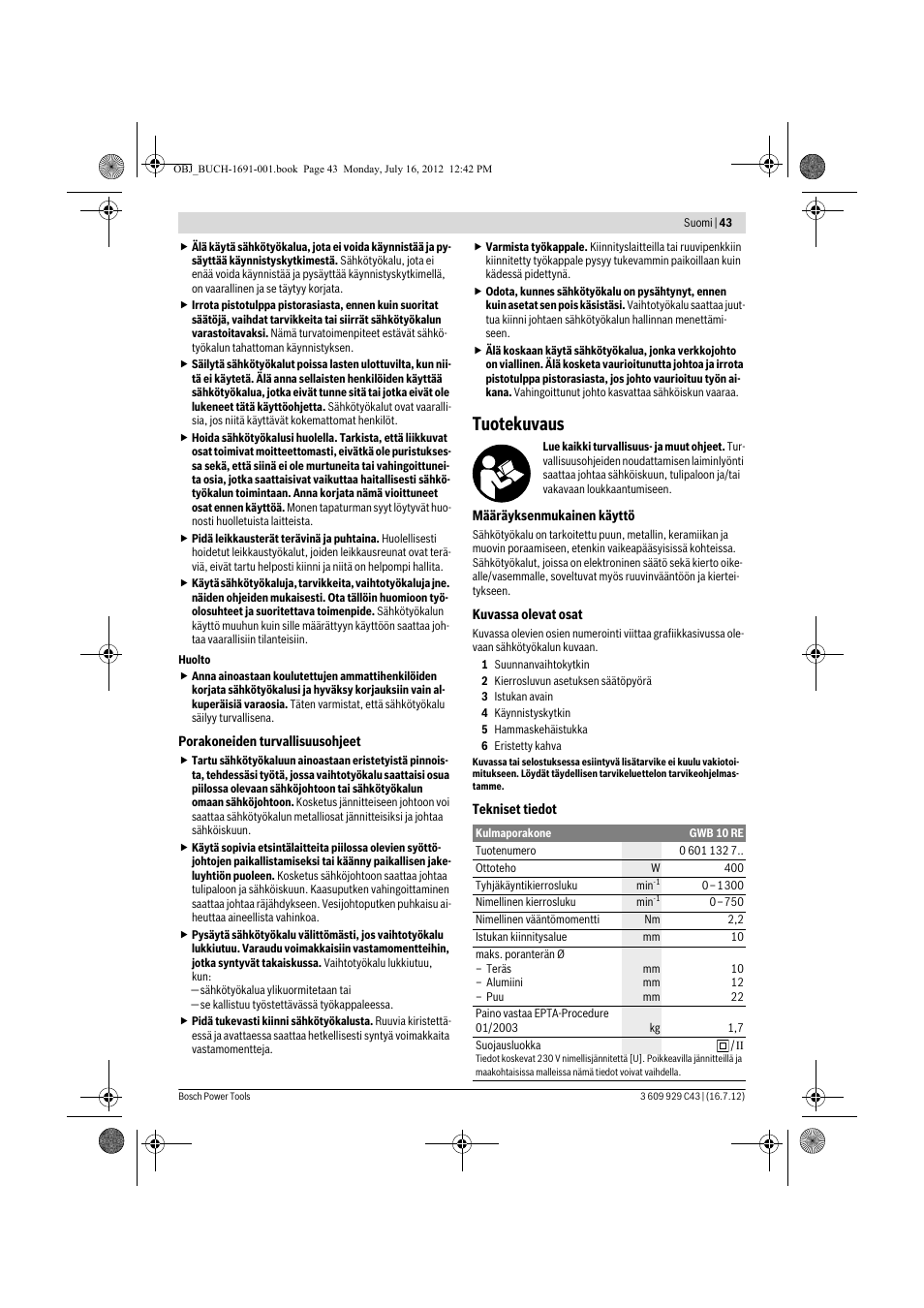 Tuotekuvaus | Bosch GWB 10 RE Professional User Manual | Page 43 / 116