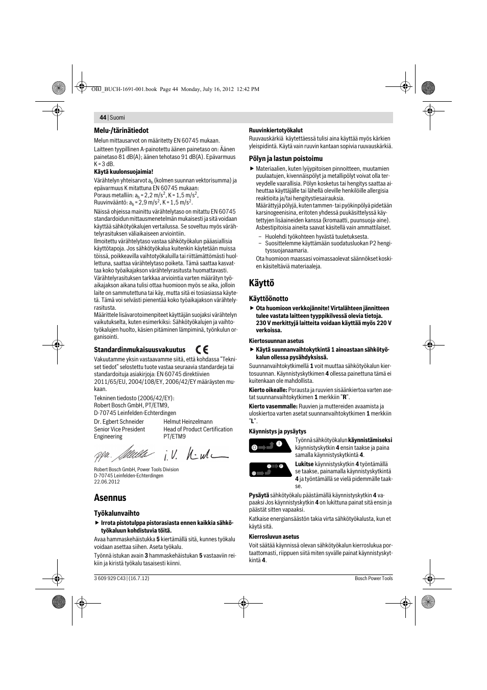 Asennus, Käyttö | Bosch GWB 10 RE Professional User Manual | Page 44 / 116