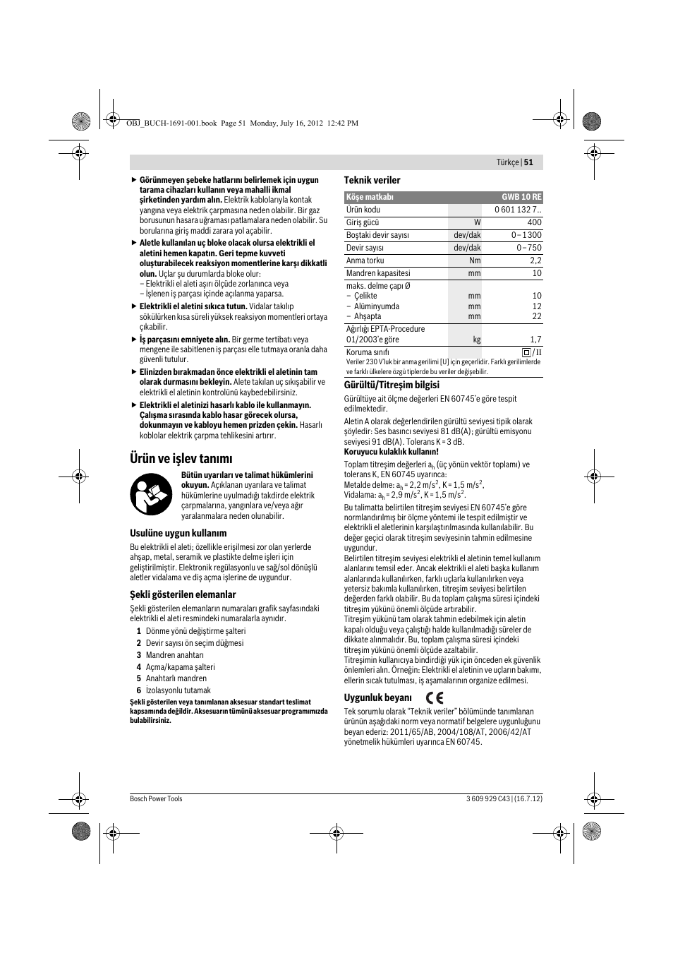 Ürün ve işlev tan m | Bosch GWB 10 RE Professional User Manual | Page 51 / 116