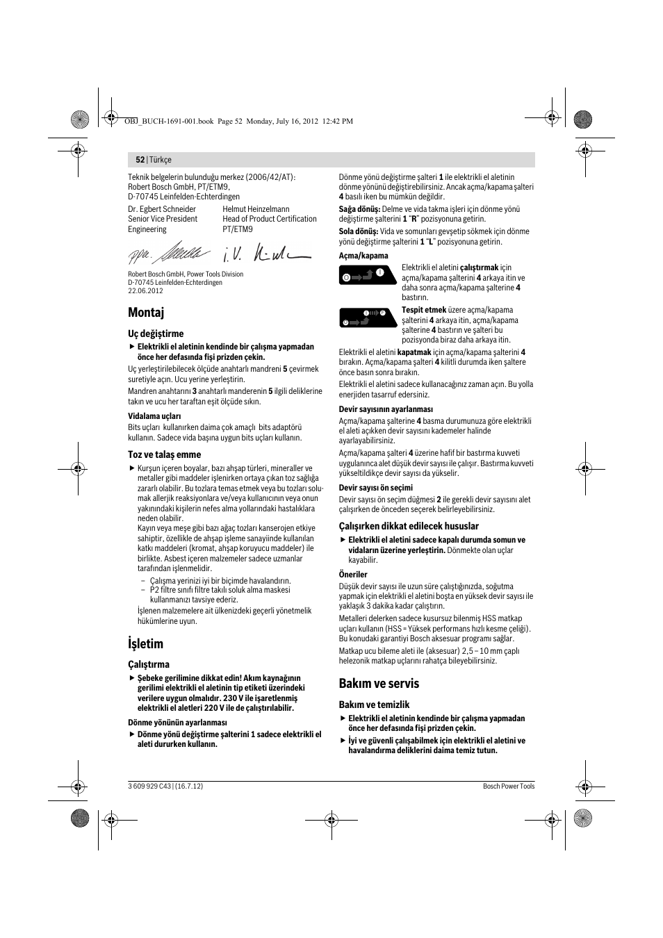 Montaj, Işletim, Bak m ve servis | Bosch GWB 10 RE Professional User Manual | Page 52 / 116