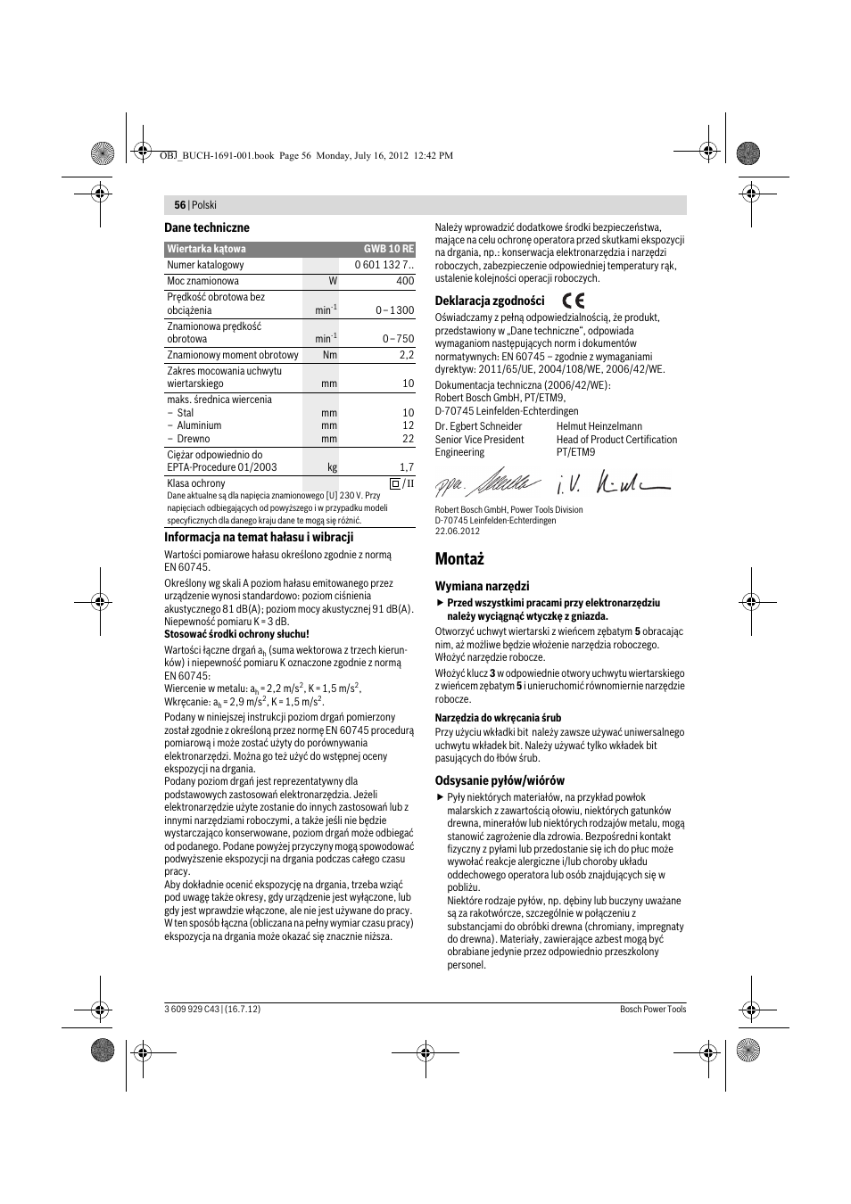 Montaż | Bosch GWB 10 RE Professional User Manual | Page 56 / 116